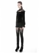 Black Gothic Lace-Up Collar Lace Shoulder Lantern Sleeve Velvet T-Shirt