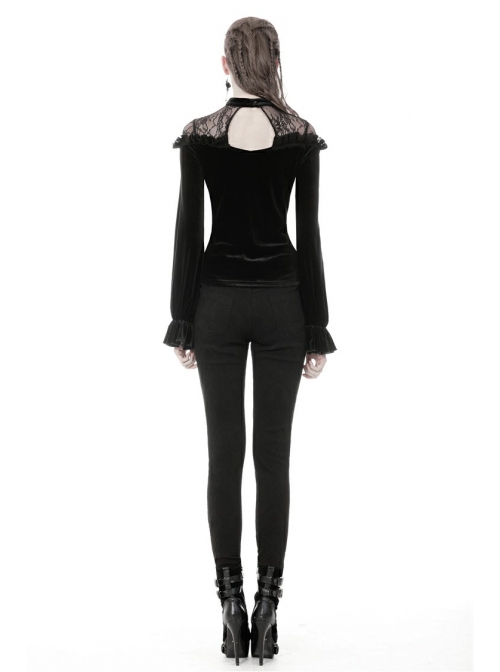 Black Gothic Lace-Up Collar Lace Shoulder Lantern Sleeve Velvet T-Shirt