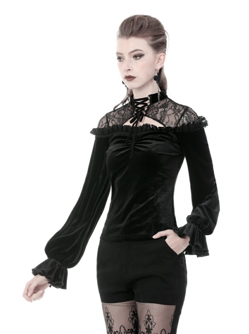 Black Gothic Lace-Up Collar Lace Shoulder Lantern Sleeve Velvet T-Shirt