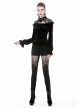 Black Gothic Lace-Up Collar Lace Shoulder Lantern Sleeve Velvet T-Shirt