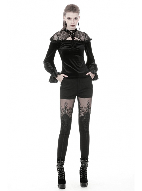 Black Gothic Lace-Up Collar Lace Shoulder Lantern Sleeve Velvet T-Shirt