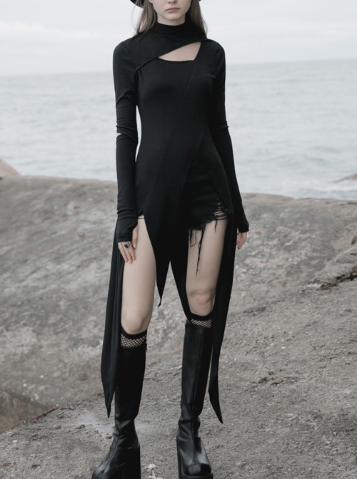 Steam Punk Female Black Long Sleeve Hollow Irregular Hem Elastic Dress
