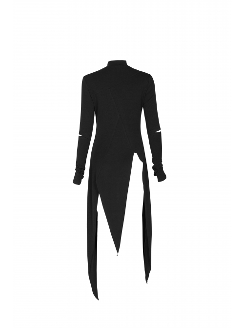 Steam Punk Female Black Long Sleeve Hollow Irregular Hem Elastic Dress