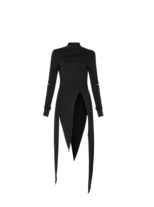 Steam Punk Female Black Long Sleeve Hollow Irregular Hem Elastic Dress