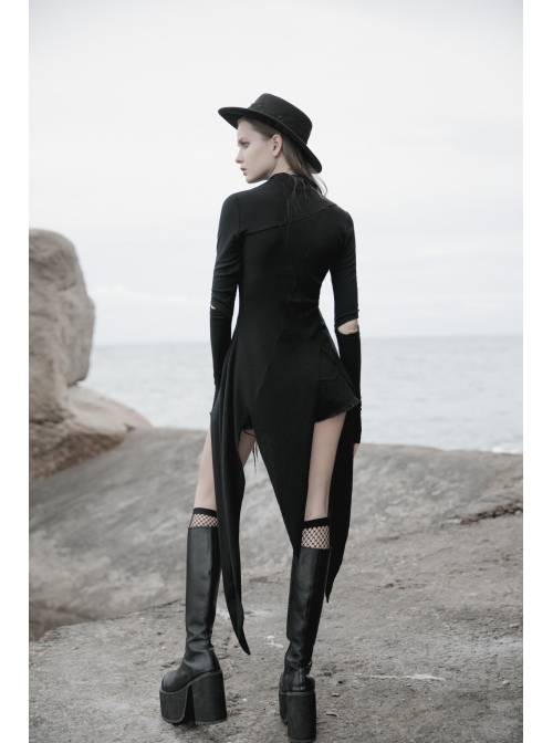 Steam Punk Female Black Long Sleeve Hollow Irregular Hem Elastic Dress