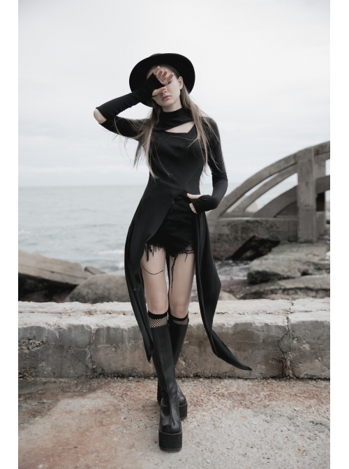 Steam Punk Female Black Long Sleeve Hollow Irregular Hem Elastic Dress