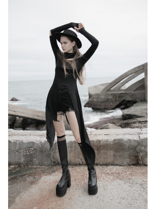 Steam Punk Female Black Long Sleeve Hollow Irregular Hem Elastic Dress