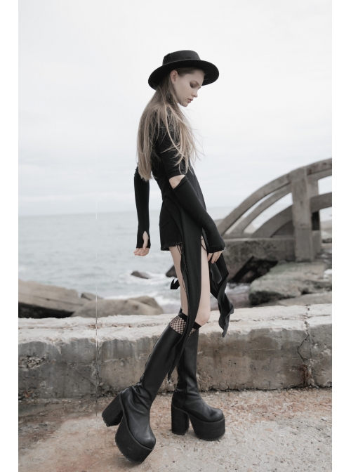 Steam Punk Female Black Long Sleeve Hollow Irregular Hem Elastic Dress