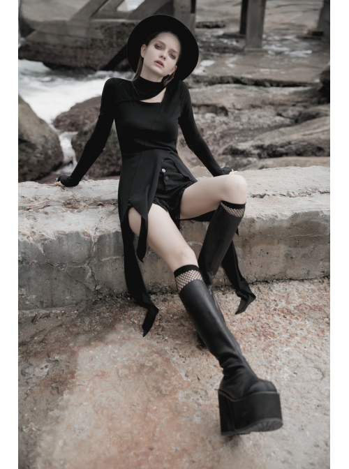Steam Punk Female Black Long Sleeve Hollow Irregular Hem Elastic Dress