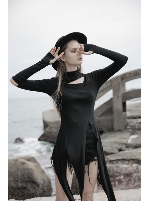 Steam Punk Female Black Long Sleeve Hollow Irregular Hem Elastic Dress