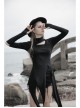 Steam Punk Female Black Long Sleeve Hollow Irregular Hem Elastic Dress