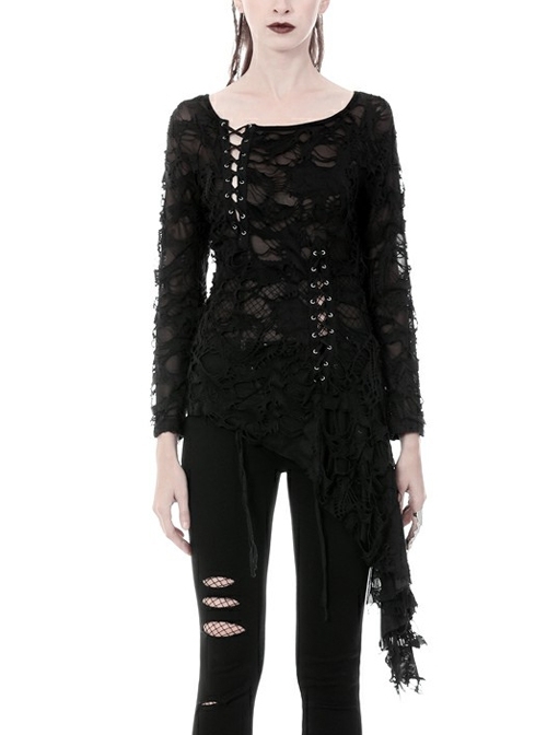 Back Broken Holes Skull Irregular Slit Lace-Up Lace Hem Black Punk T-Shirt