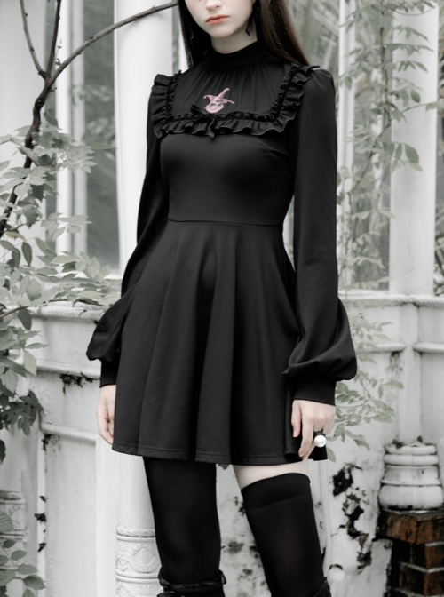 Gothic Female Dark Long Sleeve Clown Printed Pleated Skirt