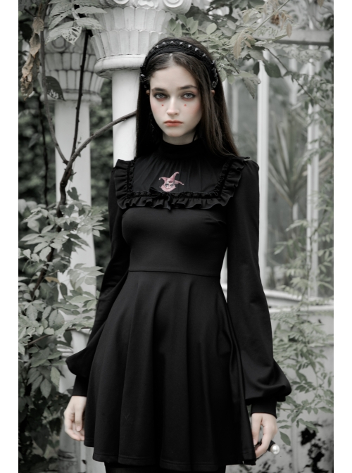 Gothic Female Dark Long Sleeve Clown Printed Pleated Skirt