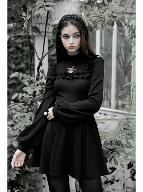 Gothic Female Dark Long Sleeve Clown Printed Pleated Skirt