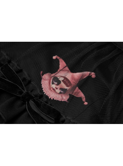 Gothic Female Dark Long Sleeve Clown Printed Pleated Skirt