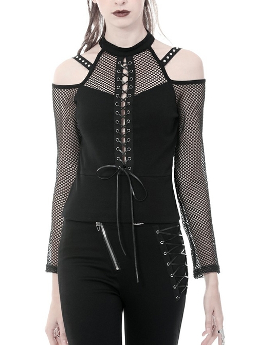 Off-Shoulder Metal Nail Strap Front Chest Slit Lace-Up Mesh Long Sleeve Black Punk T-Shirt