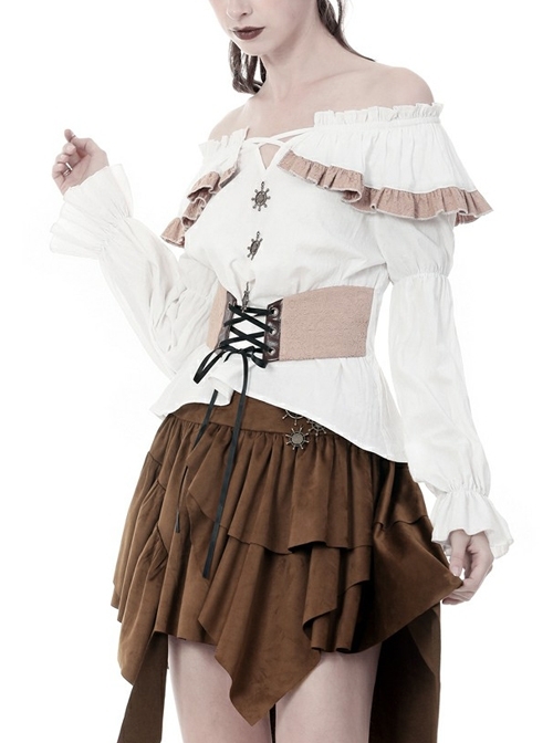 Off-Shoulder Front Chest Frill Bandage Waist White Punk T-Shirt