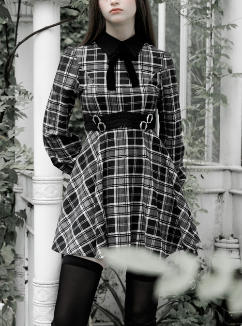 Steam Punk Female Black White Lattice Plaid High Waist Elegant Dress