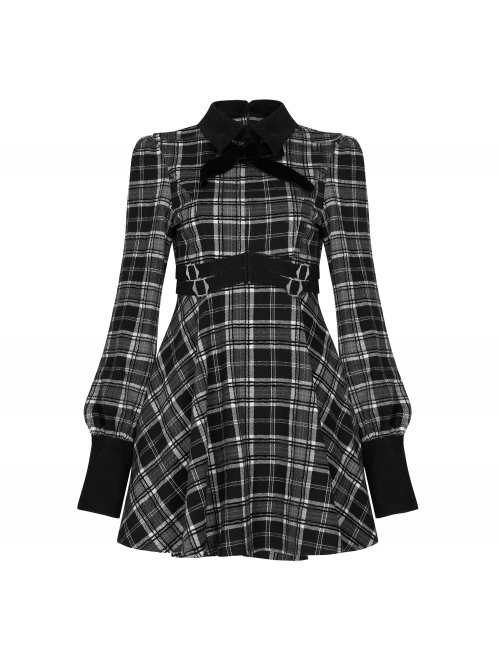 Steam Punk Female Black White Lattice Plaid High Waist Elegant Dress