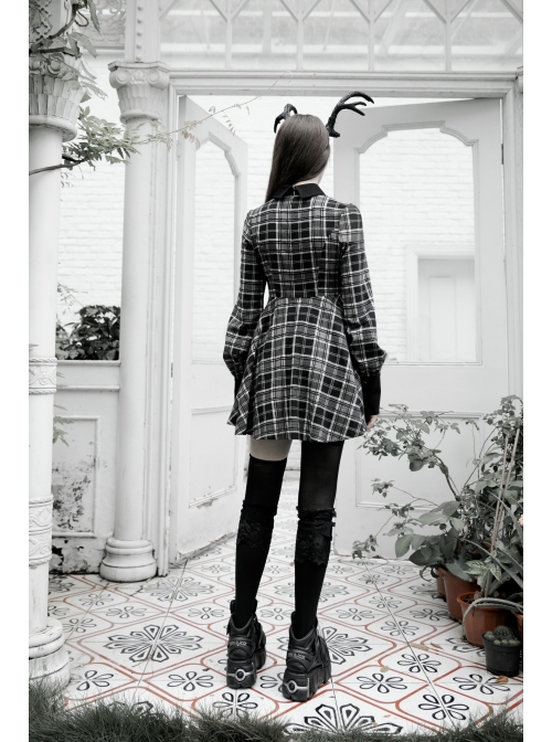 Steam Punk Female Black White Lattice Plaid High Waist Elegant Dress