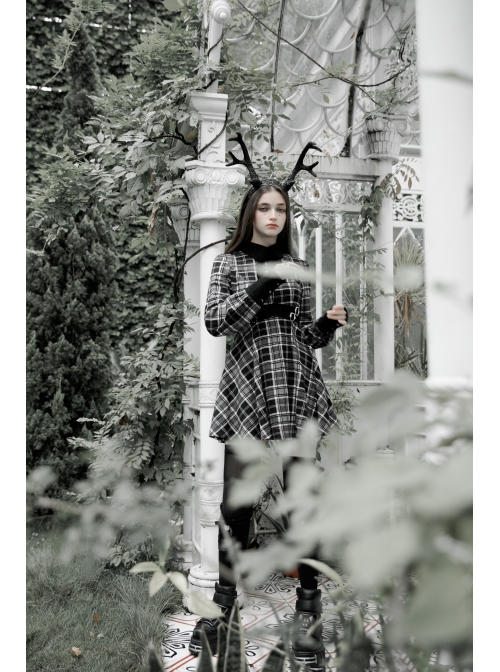 Steam Punk Female Black White Lattice Plaid High Waist Elegant Dress