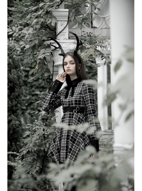 Steam Punk Female Black White Lattice Plaid High Waist Elegant Dress
