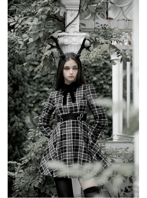 Steam Punk Female Black White Lattice Plaid High Waist Elegant Dress