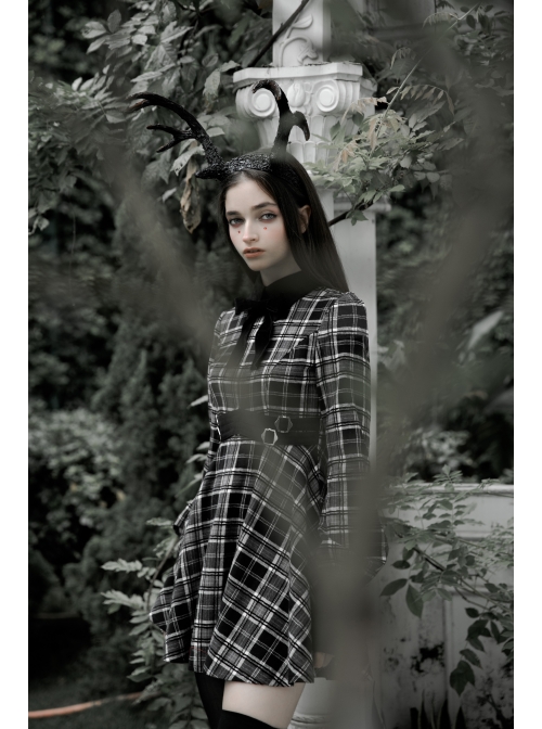 Steam Punk Female Black White Lattice Plaid High Waist Elegant Dress