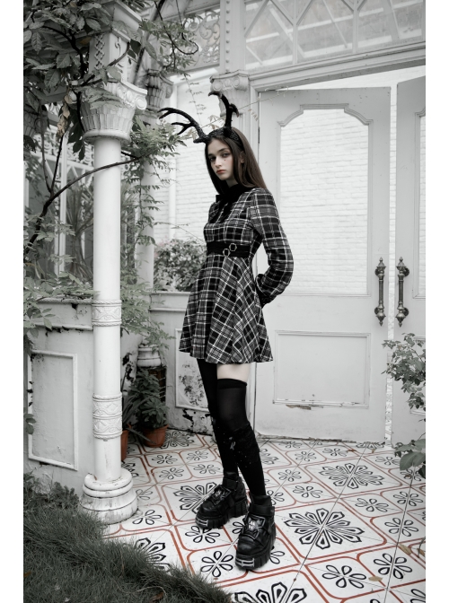 Steam Punk Female Black White Lattice Plaid High Waist Elegant Dress