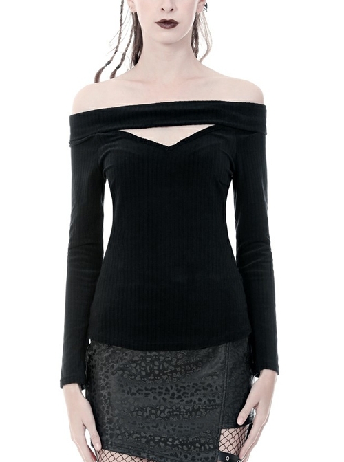Off-Shoulder One-Work Shoulder Back Lace-Up Long Sleeve Black Punk Knit T-Shirt