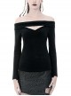 Off-Shoulder One-Work Shoulder Back Lace-Up Long Sleeve Black Punk Knit T-Shirt