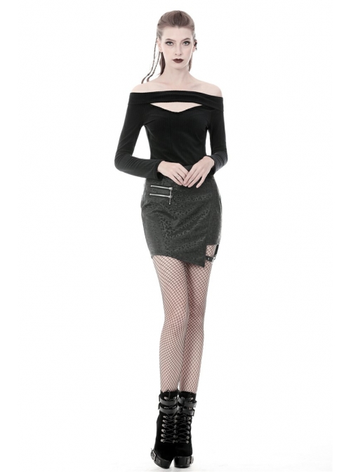 Off-Shoulder One-Work Shoulder Back Lace-Up Long Sleeve Black Punk Knit T-Shirt