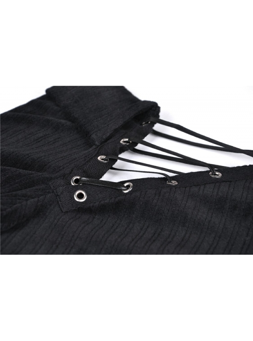 Off-Shoulder One-Work Shoulder Back Lace-Up Long Sleeve Black Punk Knit T-Shirt