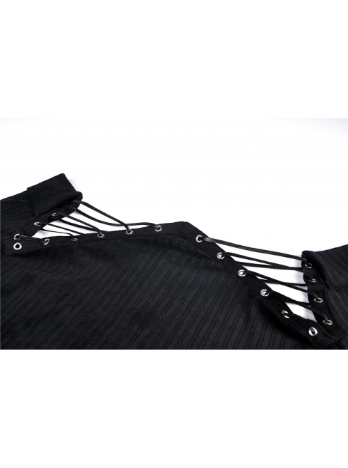 Off-Shoulder One-Work Shoulder Back Lace-Up Long Sleeve Black Punk Knit T-Shirt