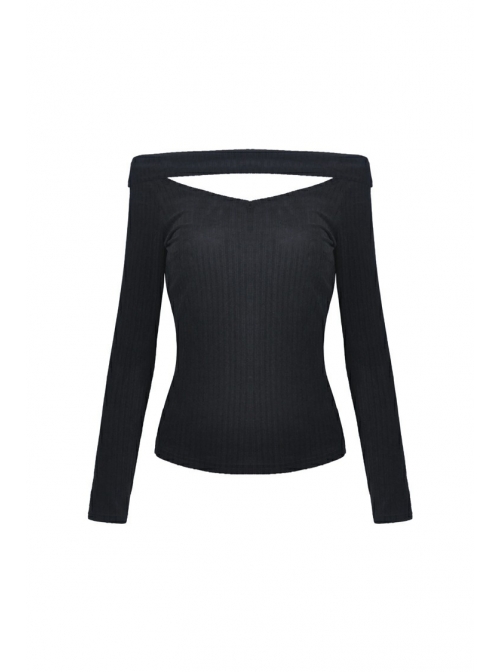 Off-Shoulder One-Work Shoulder Back Lace-Up Long Sleeve Black Punk Knit T-Shirt