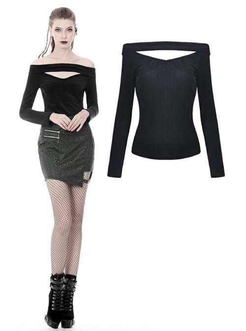 Off-Shoulder One-Work Shoulder Back Lace-Up Long Sleeve Black Punk Knit T-Shirt
