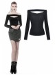 Off-Shoulder One-Work Shoulder Back Lace-Up Long Sleeve Black Punk Knit T-Shirt