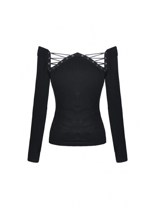 Off-Shoulder One-Work Shoulder Back Lace-Up Long Sleeve Black Punk Knit T-Shirt