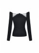 Off-Shoulder One-Work Shoulder Back Lace-Up Long Sleeve Black Punk Knit T-Shirt