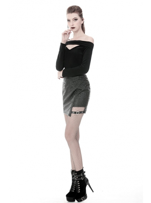 Off-Shoulder One-Work Shoulder Back Lace-Up Long Sleeve Black Punk Knit T-Shirt