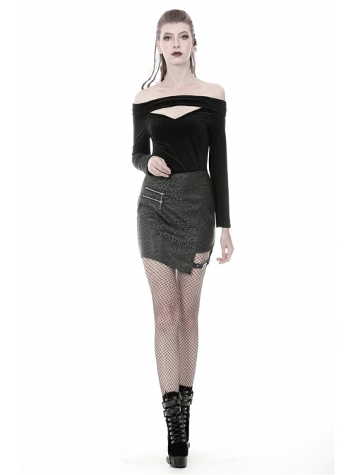 Off-Shoulder One-Work Shoulder Back Lace-Up Long Sleeve Black Punk Knit T-Shirt