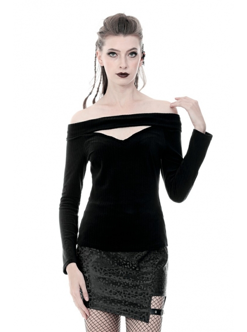 Off-Shoulder One-Work Shoulder Back Lace-Up Long Sleeve Black Punk Knit T-Shirt
