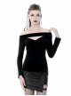 Off-Shoulder One-Work Shoulder Back Lace-Up Long Sleeve Black Punk Knit T-Shirt
