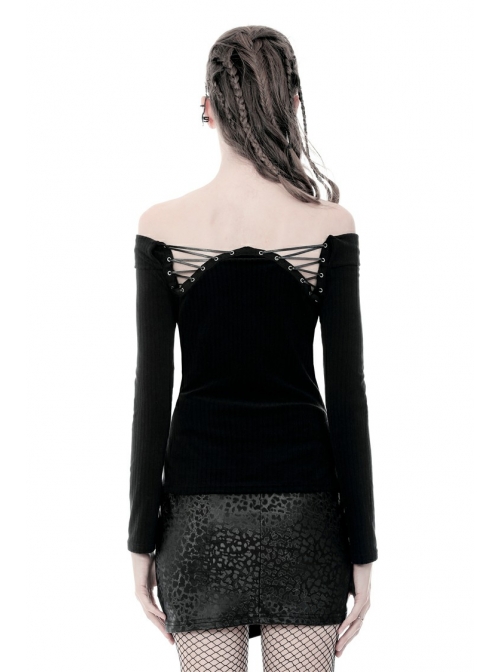 Off-Shoulder One-Work Shoulder Back Lace-Up Long Sleeve Black Punk Knit T-Shirt