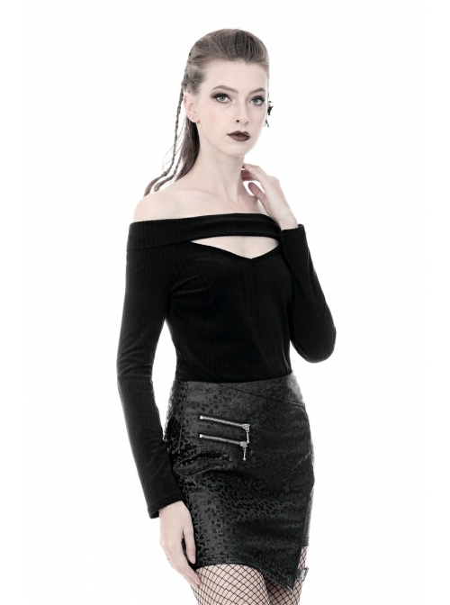 Off-Shoulder One-Work Shoulder Back Lace-Up Long Sleeve Black Punk Knit T-Shirt
