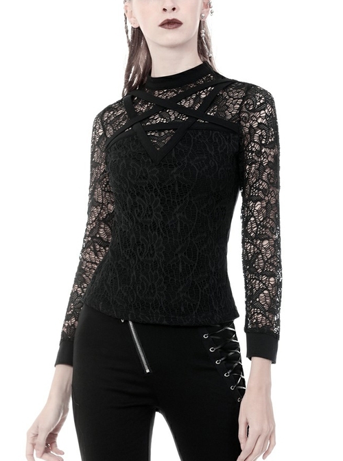Front Chest Star-Shaped Bandage Lace Mesh Long Sleeve Black Punk Tight T-Shirt
