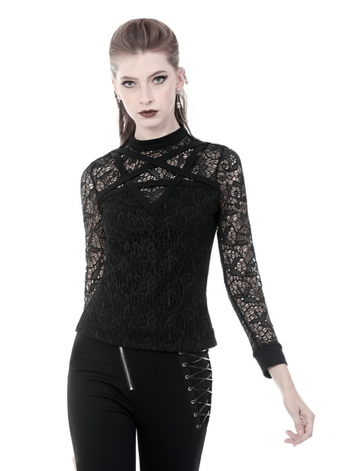 Front Chest Star-Shaped Bandage Lace Mesh Long Sleeve Black Punk Tight T-Shirt