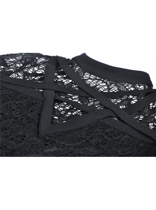 Front Chest Star-Shaped Bandage Lace Mesh Long Sleeve Black Punk Tight T-Shirt