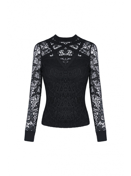 Front Chest Star-Shaped Bandage Lace Mesh Long Sleeve Black Punk Tight T-Shirt